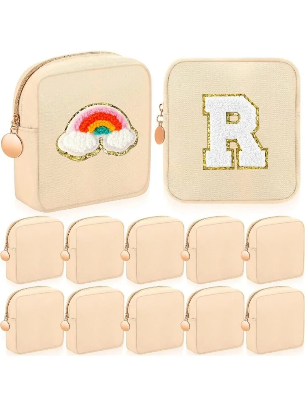 12 Pcs Mini Square Makeup Bags - Small Beige Nylon Pouches for Travel & Purse